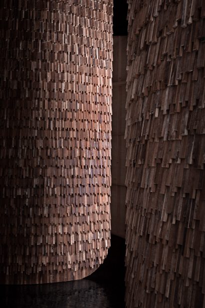 Reclaimed wooden scales on outside of Valencia Pavilion by MUT Design