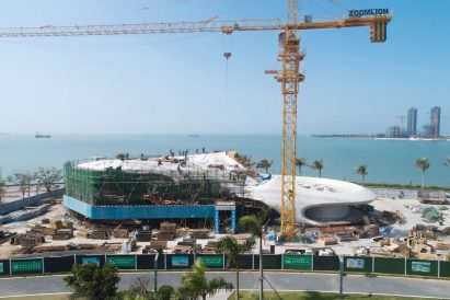 A construction photo of a coastal library