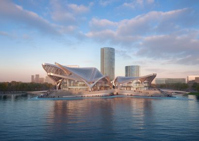 A lakecultural centre by Zaha Hadid Architects in southern China
