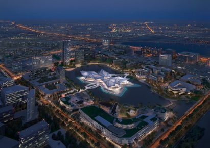 An aerial view of a cultural centre by Zaha Hadid Architects in China