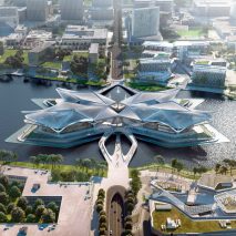 An aerial view of a cultural centre by Zaha Hadid Architects in China