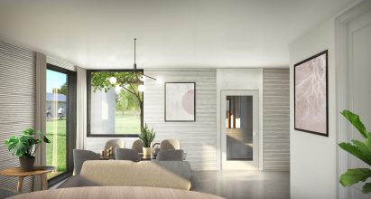 Austin-based designer Claire Zinnecker designed each house's neutral interiors