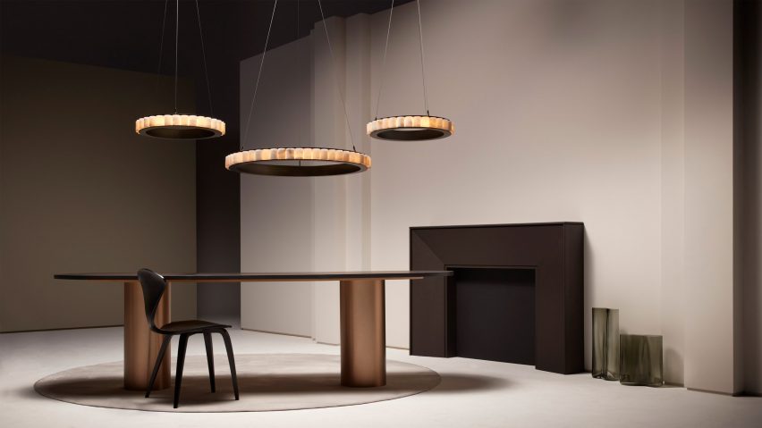 The chandeliers arranged in a group of three