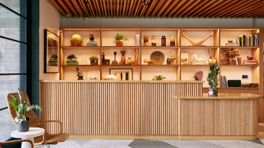 Hotel Magdalena's main lobby's desk is made from white oak tambour