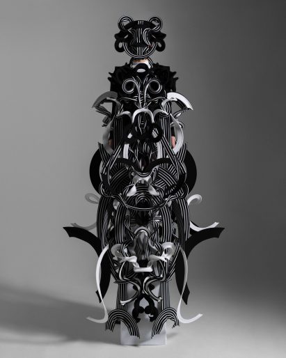 Sculptural materials create geometric couture
