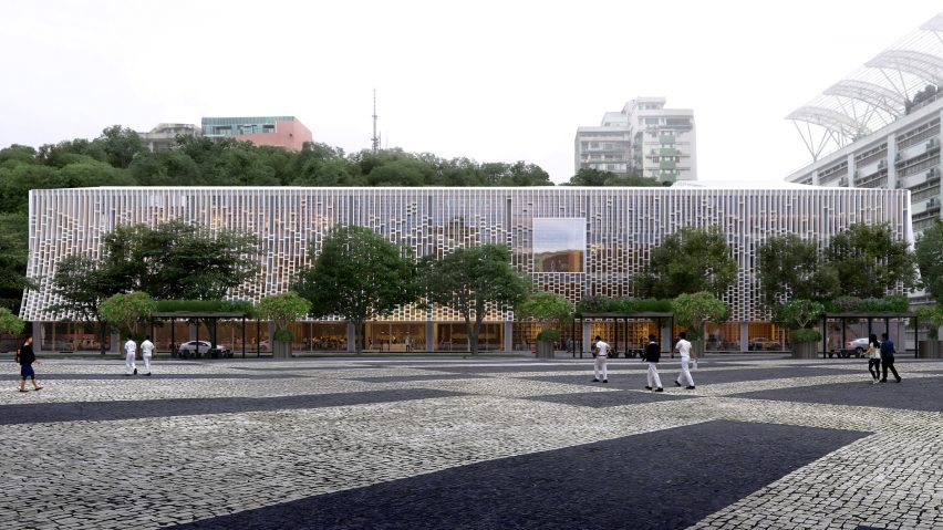 The building is wrapped in a white facade