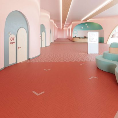 Studio Moods flooring by IVC Commercial in a pink waiting room