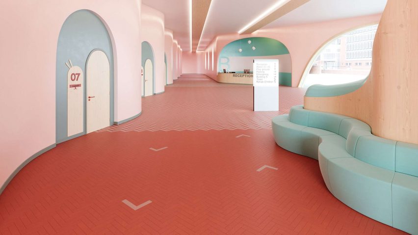 Studio Moods flooring by IVC Commercial in a pink waiting room