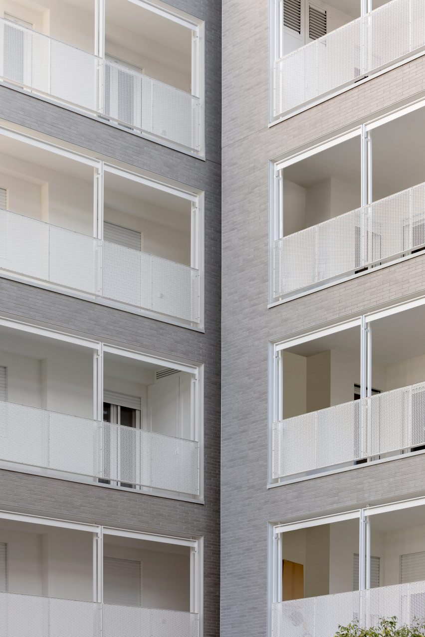 Some balconies are recessed into the building