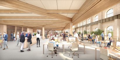 Timber workspaces within an old industrial building