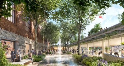 A visual of an external courtyard of an office