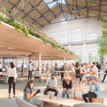 Timber-framed workspaces inside an old gas plant
