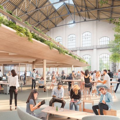 Timber-framed workspaces inside an old gas plant