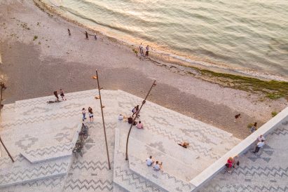 An aerial view of a patterned waterfront in Albania