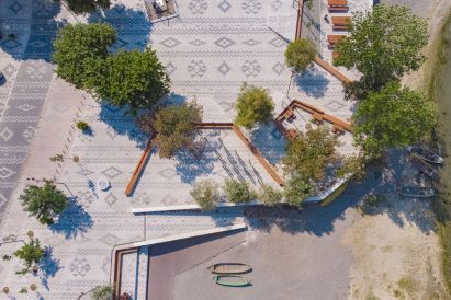 An aerial view of a patterned plaza in Albania