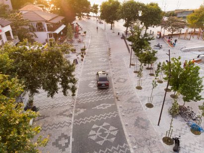 An aerial view of the Albanian Carpet landscaping project