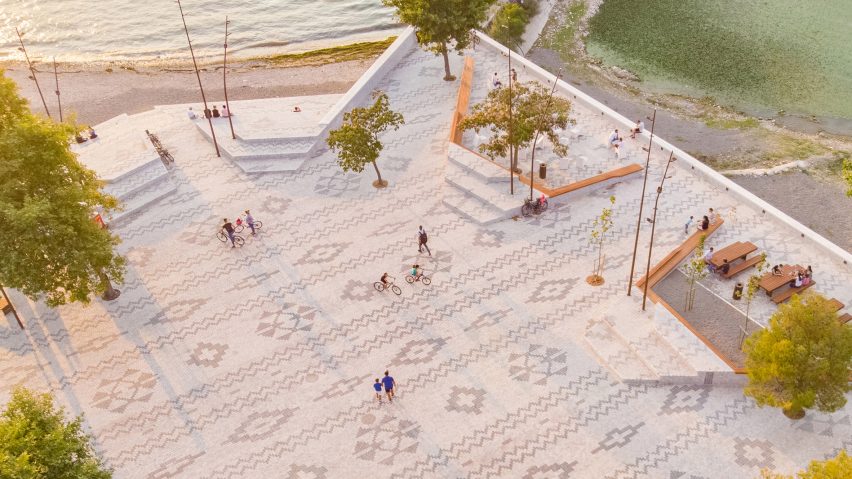 An aerial view of a patterned public plaza