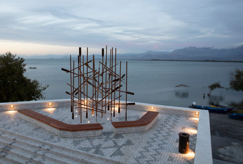A patterned waterfront plaza made from granite