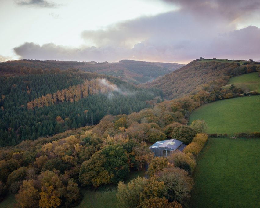 An aerial view of a converted barn in Devon