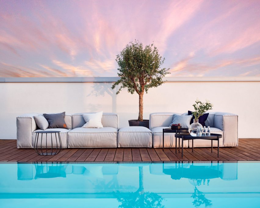 Asker sofa by Martin dos Santos for Skargaarden on a poolside deck