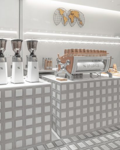 Grey and white brick counter in % Arabica Bangkok location