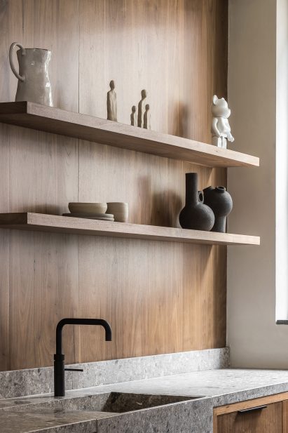 Wood-panelled kitchen of garage conversion by Barde + vanVoltt