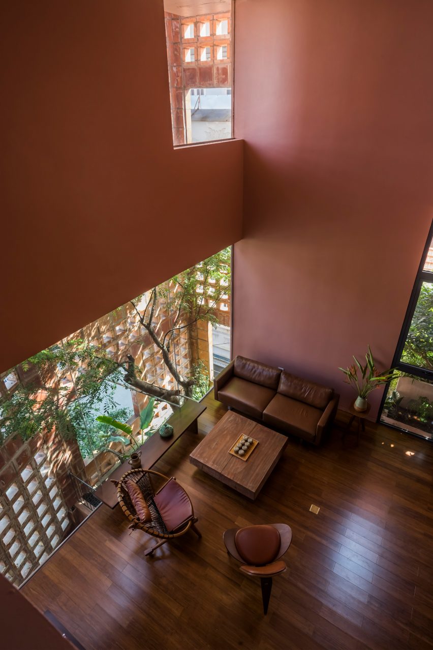 Interior view of the living space with terracotta walls