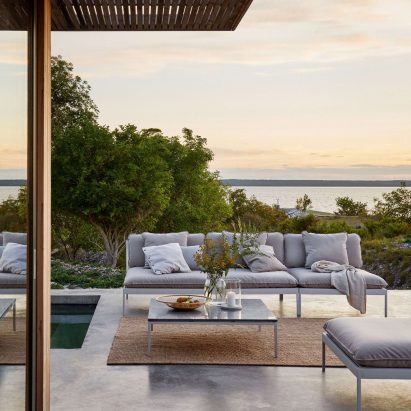 Designed by the founders of Swedish brand Skargaarden for their own home, the Bönan outdoor sofa is made to stay in place year-round