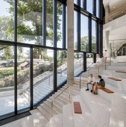 It has areas for seating and meeting