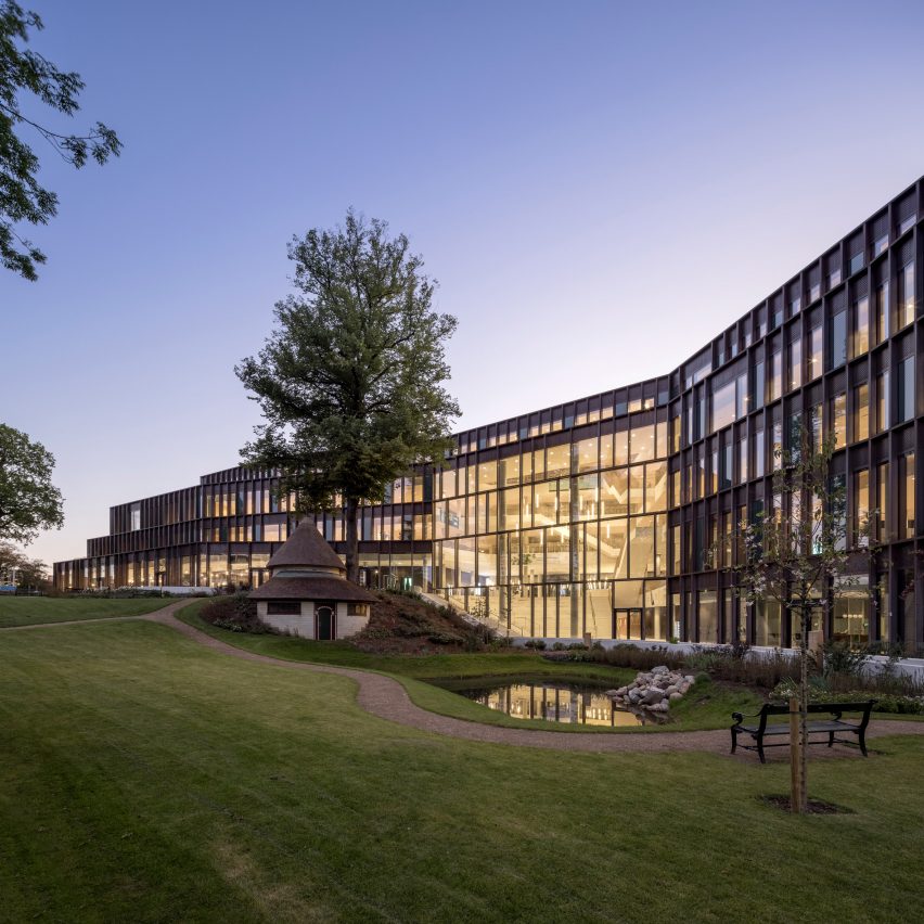 Design at dusk with lit up atrium