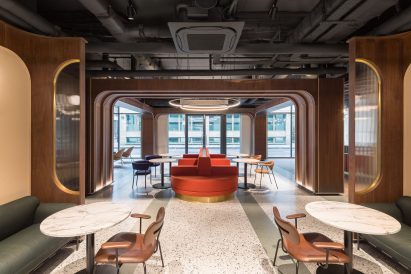 Wooden arches in Chapter Old Street by Tigg + Coll Architects