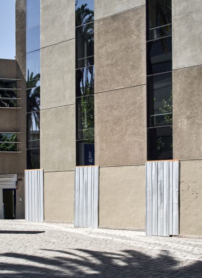 Boarded up glass doors in Santiago, Chile