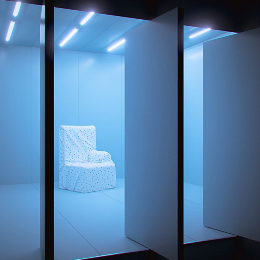A chair against a blue backdrop