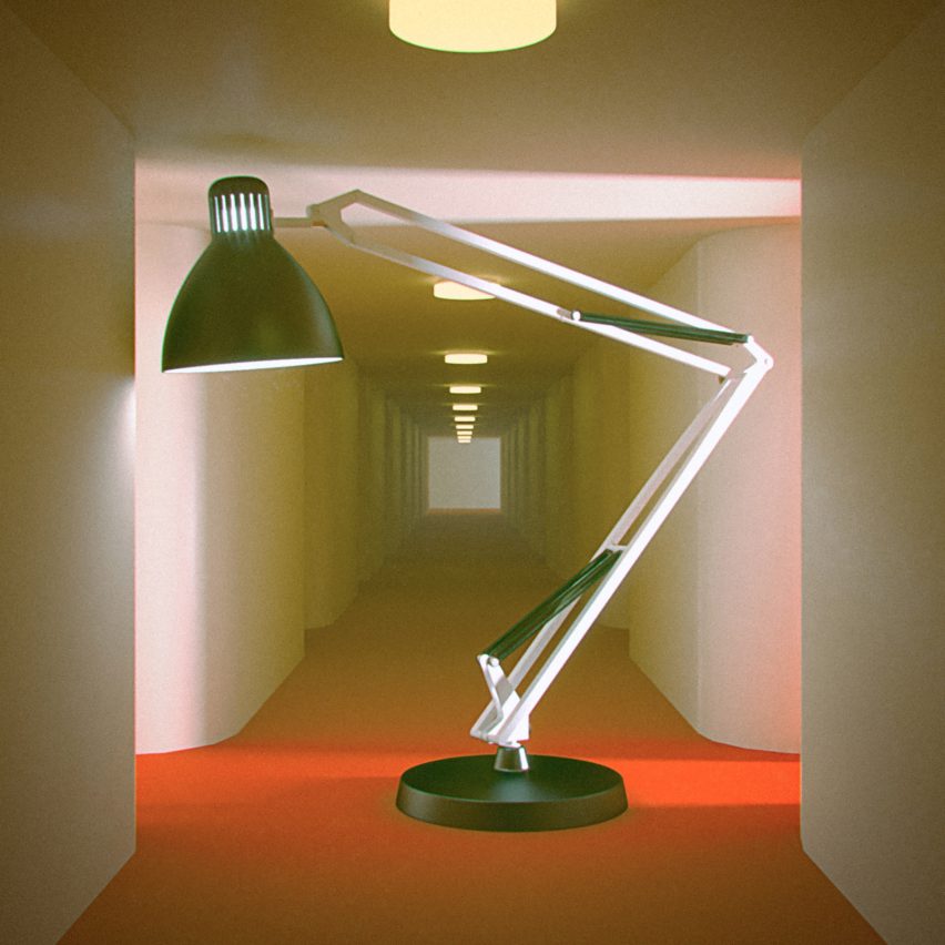 A lamp enlarged in a corridor setting