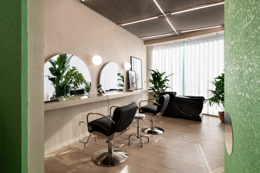 Another private area has beige walls