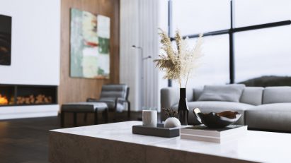 A 3D render of a living room interior