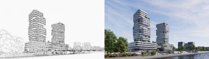 A wireframe and 3D render of a pair of towers