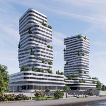 An architectural visualisation of a pair of towers