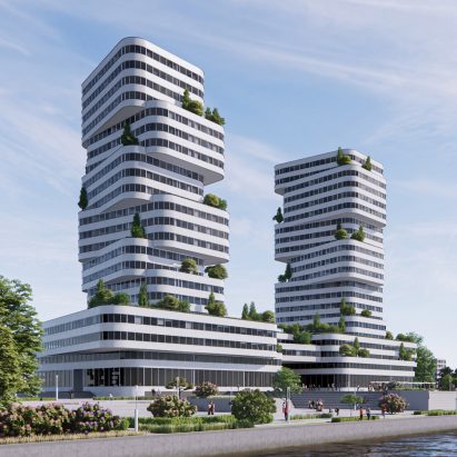 An architectural visualisation of a pair of towers