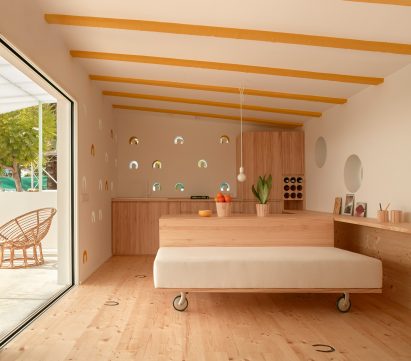 Kitchen and living area in stable conversion