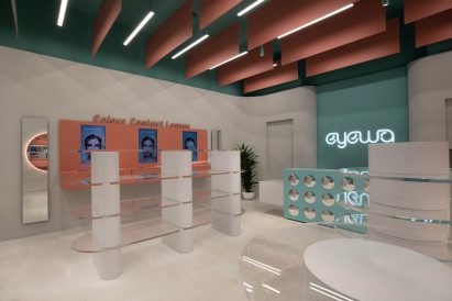 Mirrored counter and screens for virtually trying on glasses in Eyewa store