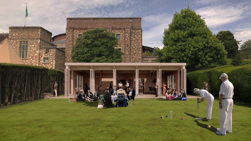 A single-storey pavilion on a croquet lawn