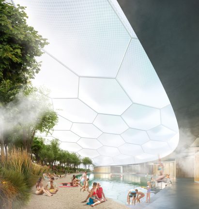 A visual of a floating public space by Carlo Ratti