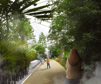 An visual of a floating tropical conservatory