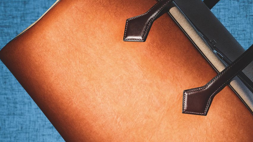 Close-up of Hermes Victoria bag in Sylvania mycelium leather by MycoWorks
