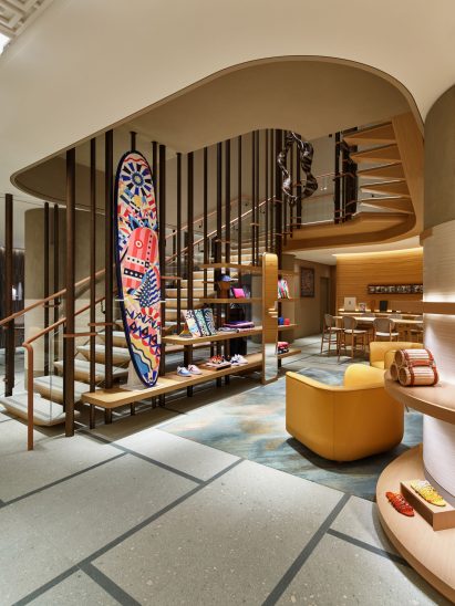 A dramatic staircase in a Hermès shop
