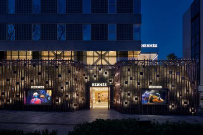 Light shining through a gridded facade