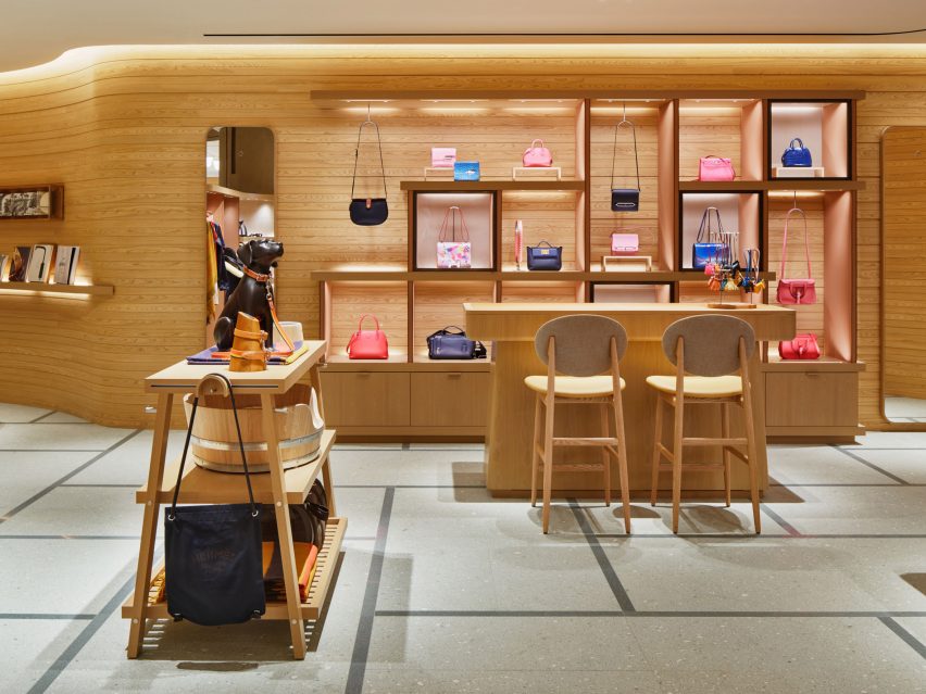 A shop with wood-lined walls