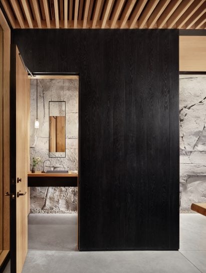 Ebonized wooden walls of Hill Country Wine Cave