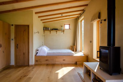 The pared-back interiors of a wooden cabin in Devon
